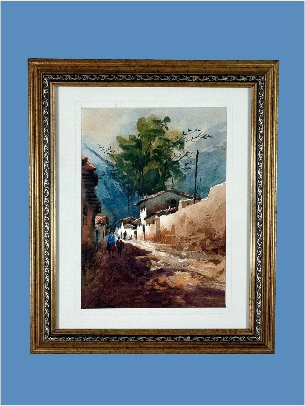 Vintage Original Watercolor Andean Village Scene 10x12 in Framed Peru Folk Art